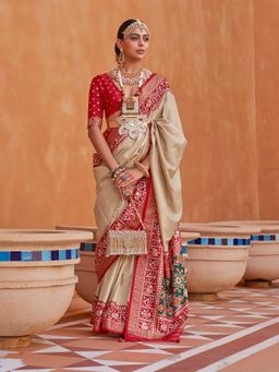 Elora - Polka Dots Printed Patola Silk Saree (Beige)