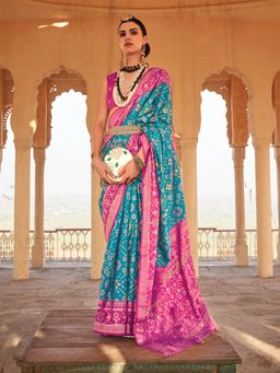 Elora - Gold Printed Patola Silk Saree For Women (Cyan Blue)