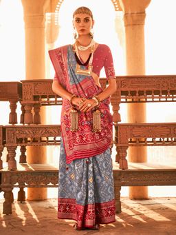 Elora - Gold Printed Patola Silk Saree For Women (Grey)