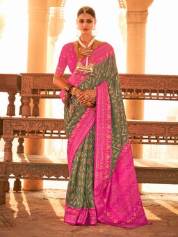 Elora - Gold Printed Patola Silk Saree For Women (Henna Green)