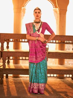 Elora - Gold Printed Patola Silk Saree For Women (Aqua Blue)