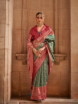 Elora - Floral Printed Soft Silk Banarasi Saree For Women (Green)