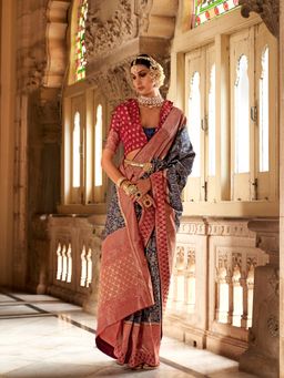 Elora - Floral Printed Soft Silk Banarasi Saree For Women (Dark blue)