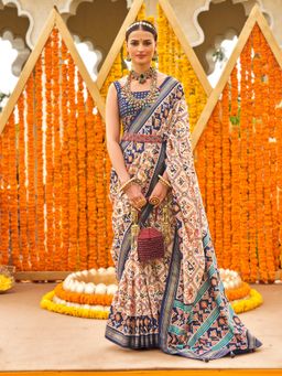 Elora - Sigma Silk Ajrakh Patola Saree With Golden Print For Women (Navy Blue)