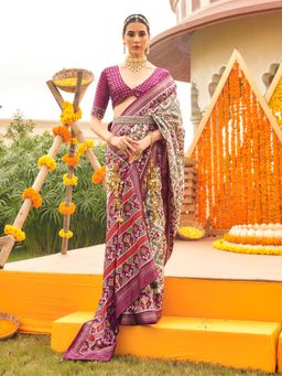 Elora - Sigma Silk Ajrakh Patola Saree With Golden Print For Women (Magenta)