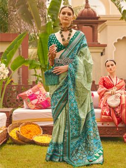 Elora - Soft Silk Patola Printed Saree For Women (Dark Green)