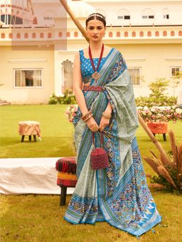 Elora - Soft Silk Patola Printed Saree For Women (Sky Blue)