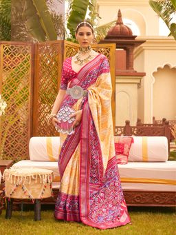 Elora - Soft Silk Patola Printed Saree For Women (Light Yellow)