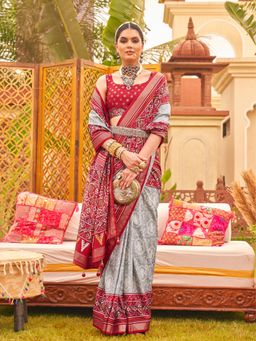 Elora - Soft Silk Patola Printed Saree For Women (Grey)