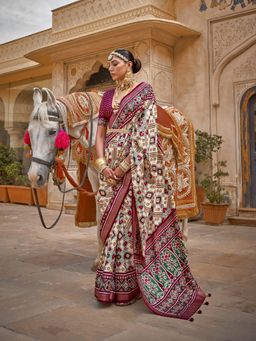 Elora - Traditional Printed Patola Silk Saree (Off White & Maroon)