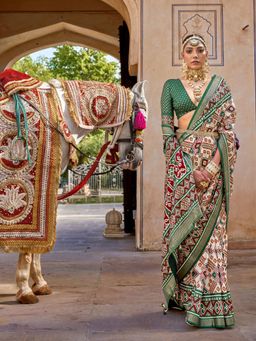 Elora - Traditional Printed Patola Silk Saree (Off White & Green)