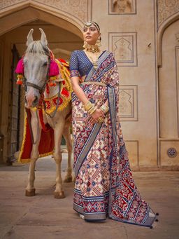 Elora - Traditional Printed Patola Silk Saree (Off White & Navy Blue)