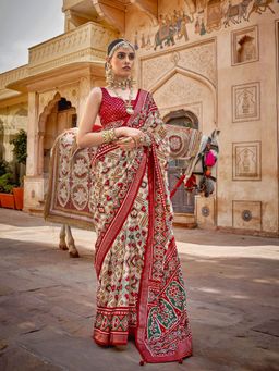 Elora - Traditional Printed Patola Silk Saree (Off White & Red)