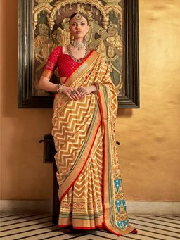 Elora - Soft Silk Chevron Pattern With Foil Printed Patola Saree (Mustard)