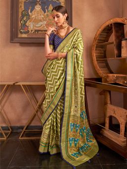 Elora - Soft Silk Chevron Pattern With Foil Printed Patola Saree (Mehendi Green)