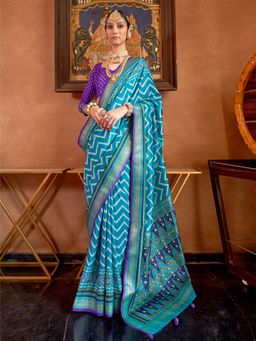 Elora - Soft Silk Chevron Pattern With Foil Printed Patola Saree (Aqua Blue)