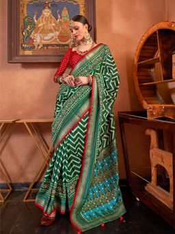 Elora - Soft Silk Chevron Pattern With Foil Printed Patola Saree (Dark Green)