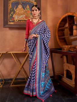Elora - Soft Silk Chevron Pattern With Foil Printed Patola Saree (Navy Blue)
