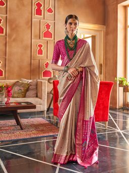 Elora - Soft Silk Printed Patola Saree For Women (Beige)