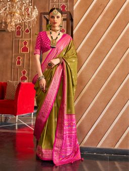Elora - Soft Silk Printed Patola Saree For Women (Olive Green)