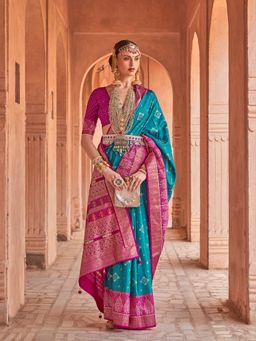 Elora - Soft Silk Printed Patola Saree For Women (Turquoise Blue)