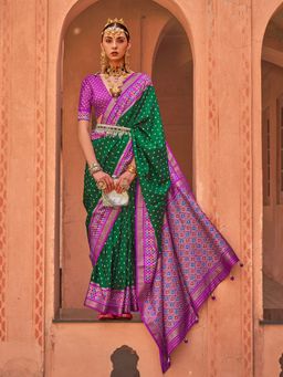 Elora - Soft Silk Printed Patola Saree For Women (Dark Green)