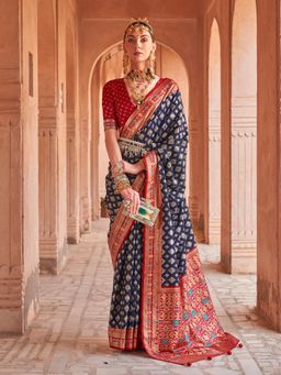 Elora - Soft Silk Printed Patola Saree For Women (Navy Blue)