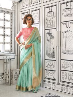 Elora - Pure Chiffon Zari Stripes Sea Green Saree With Unstitched Blouse