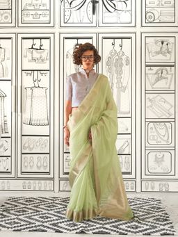 Elora - Pure Chiffon Zari Stripes Green Saree With Unstitched Blouse