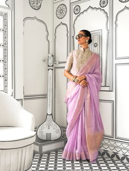 Elora - Pure Chiffon Zari Stripes Lavender Saree With Unstitched Blouse