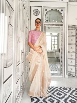 Elora - Pure Chiffon Zari Stripes Beige Saree With Unstitched Blouse