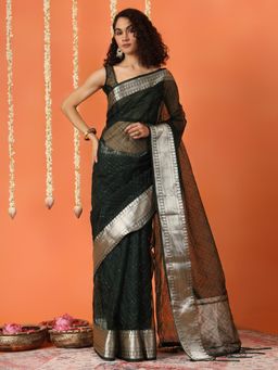 Tikhi Imli - Bottle Green Hand Dyeing Nylon Saree With Unstitched Blouse