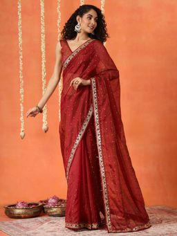 Tikhi Imli - Rust Linen Jacquard Embroidered Saree With Unstitched Blouse