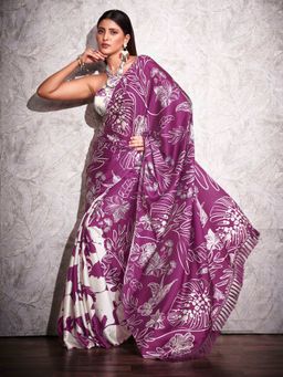 Tikhi Imli - Two Ways Wearable White Digital Print Saree With Unstitched Blouse