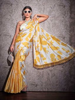Tikhi Imli - Two Ways Wearable White Floral Satin Saree With Unstitched Blouse