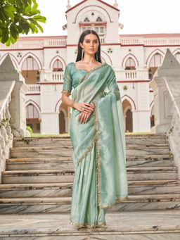 Tikhi Imli - Sea Green Colored Crushed Organza Saree With Unstitched Blouse