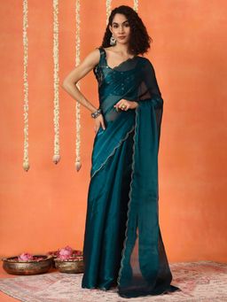 Tikhi Imli - Teal Colored Satin Chiffon Saree With Unstitched Blouse