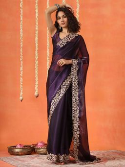 Tikhi Imli - Purple Embroidered Scalloped Satin Organza Saree With Unstitched Blouse