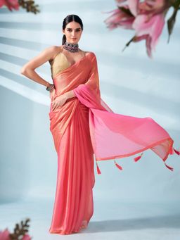 Tikhi Imli - Pink And Gold Two Tone Shimmer Chiffon Saree With Unstitched Blouse