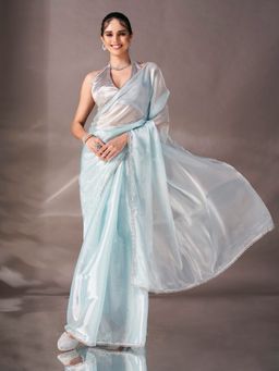Tikhi Imli - Sky Blue Colored Shimmer Satin Lace Saree With Unstitched Blouse