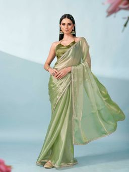 Tikhi Imli - Green Colored Shimmer Satin Lace Saree With Unstitched Blouse