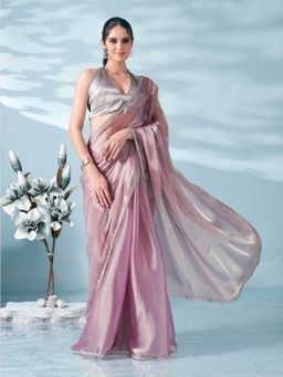 Tikhi Imli - Lavender Colored Shimmer Satin Lace Saree With Unstitched Blouse