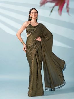Tikhi Imli - Mehndi Green Colored Striped Satin Saree With Unstitched Blouse