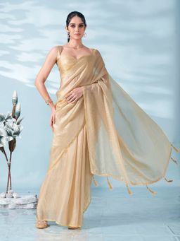 Tikhi Imli - Beige Colored Satin Saree With Unstitched Blouse