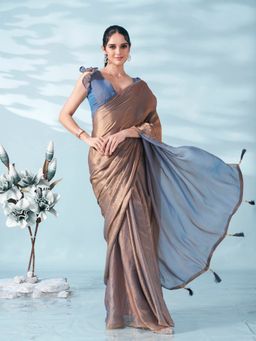 Tikhi Imli - Two Tone Bronze And Blue Colored Satin Saree With Unstitched Blouse