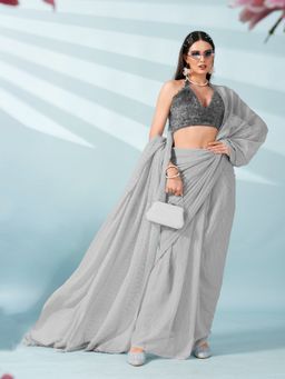 Tikhi Imli - Grey Colored Pleated Poly Georgette Saree With Unstitched Blouse