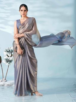 Tikhi Imli - Blue And Copper Colored Two Tone Chiffon Saree With Unstitched Blouse