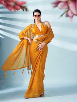 Tikhi Imli - Mustard Colored Zari Weaving Satin Saree With Unstitched Blouse
