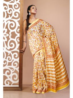 Unnati Silks - Yellow Pure Hand Block Chanderi Scio Saree With Unstitched Blouse