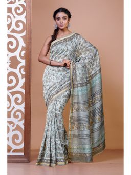 Unnati Silks - Grey Pure Hand Block Chanderi Scio Saree With Unstitched Blouse